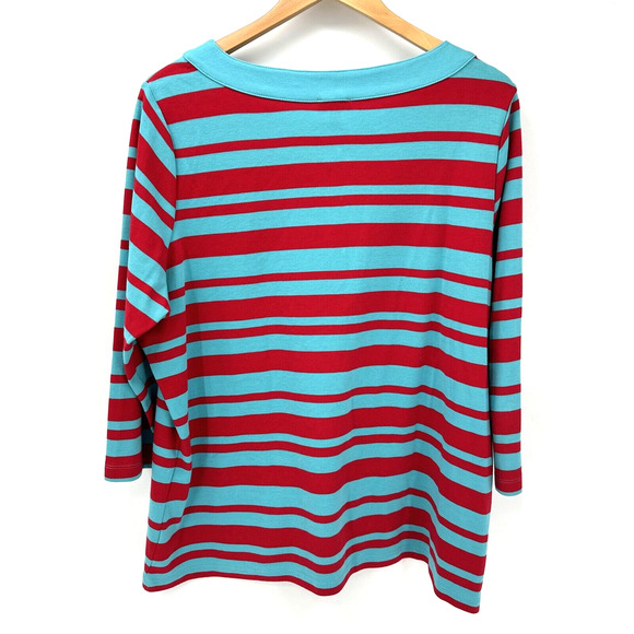 Talbots Shirt Womens 1X Blue Red Striped Coastal Pullover Gold Button 3/4 Sleeve - Picture 4 of 6